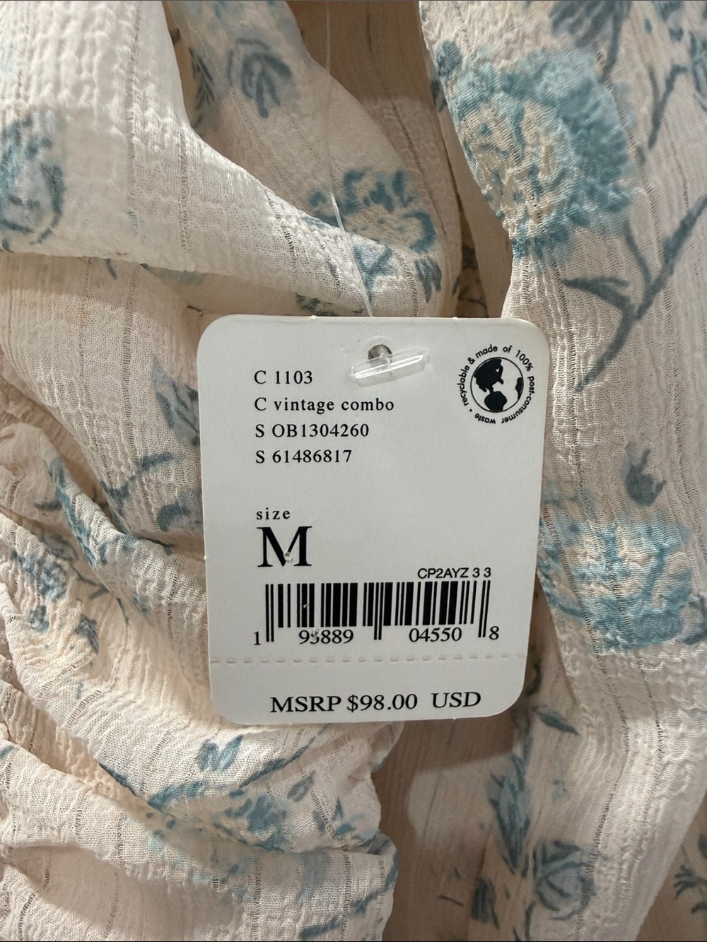 Free People Cream Blouson with Light Blue Floral Print - Picture 3 of 5